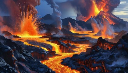 Erupting volcano spewing lava against a dramatic twilight sky  