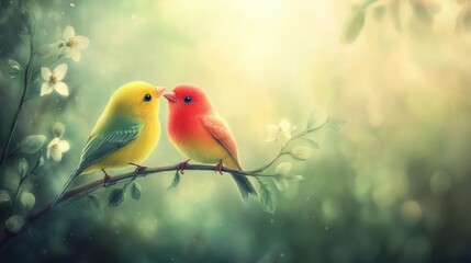 Obraz premium Two colorful birds, yellow and red, perched serenely on a branch with a soft green background, showcasing natures beauty.