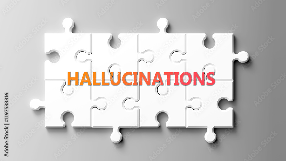 Poster hallucinations complex like a puzzle - pictured as word hallucinations on a puzzle pieces to show th