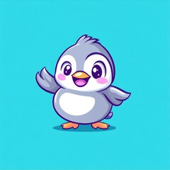Cute penguin waving, blue background, cartoon illustration, children's book