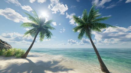 Two palm trees sway gently by the shore, under a clear blue sky with scattered white clouds, creating a tranquil tropical escape.