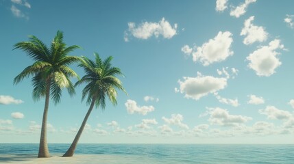 Two palm trees sway gently by the shore, under a clear blue sky with scattered white clouds, creating a tranquil tropical escape.