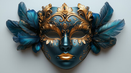 A stunningly detailed carnival mask featuring intricate golden embellishments, shimmering teal and blue feathers, and a glossy metallic finish designed to captivate attention at any celebration.