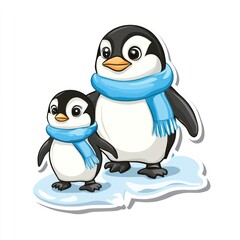 Obraz premium Two cute penguins, winter scarves, ice, children's book illustration