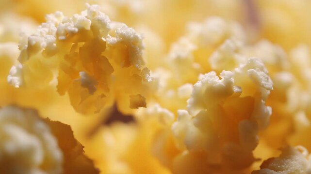 Warm lighting, zoom in video of a single, perfectly popped kernel of buttery popcorn, glistening under a warm glow, soft focus background