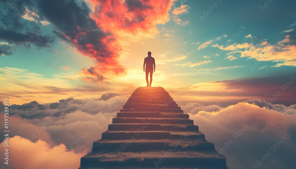 Poster man standing on staircase above the clouds at sunset with vibrant colors in the sky, symbolizing dre