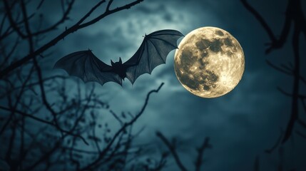Fototapeta premium Bat Flying Against Full Moon in Dark Night Sky