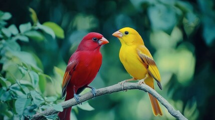 Yellow and red birds perched on a branch, their vivid hues beautifully contrasted by the soft, lush green background of the forest.