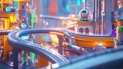 Colorful futuristic cityscape with winding roads and vibrant lights