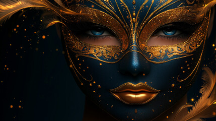 A luxurious dark blue carnival mask adorned with intricate golden details and feathers, featuring striking blue eyes and glowing embellishments, radiating sophistication and festive elegance.