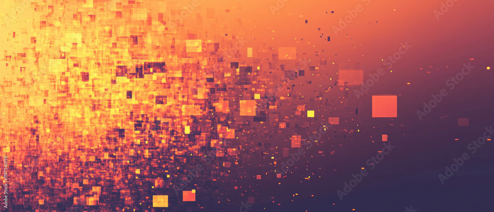 Poster digital glitch effect with pixelated overlay creating vibrant abstract patterns across the canvas