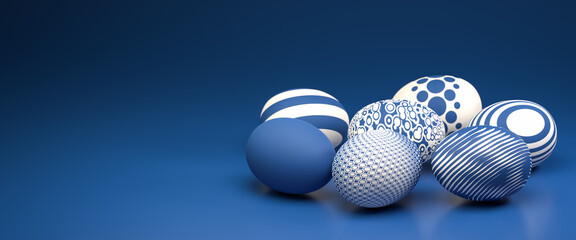 Easter Eggs with different textures in classic blue on a seamless blue background. Web banner format
