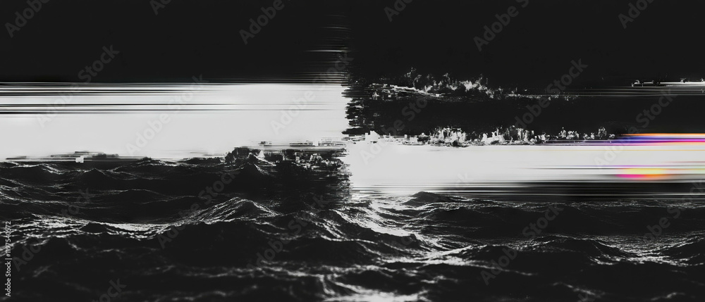 Poster glitch effect overlay creating distorted digital noise and chaotic textures on a dark background
