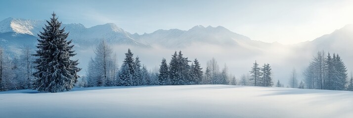 Fototapeta premium Snowy landscape with evergreen trees and misty mountains in a serene winter setting. Generative AI