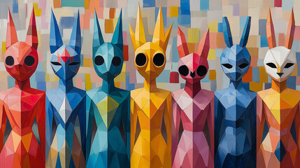 A colorful lineup of geometric humanoid figures in vibrant, abstract costumes with rabbit and spiked headpieces, set against a textured, multicolored carnival-themed background.