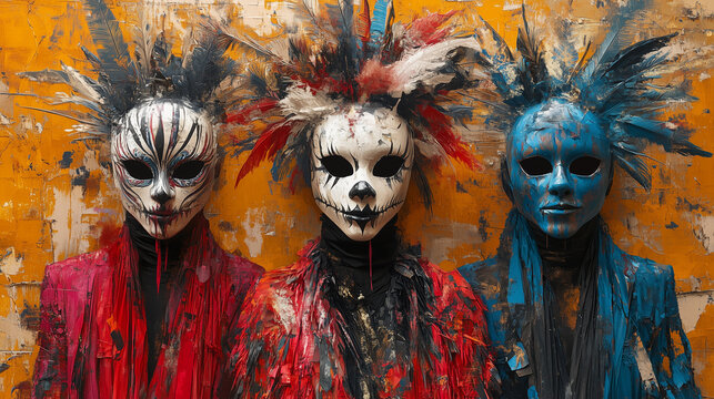 Three striking figures in red, blue, and white feathered masks and textured costumes, featuring bold designs and dramatic colors, captured against a dynamic orange background
