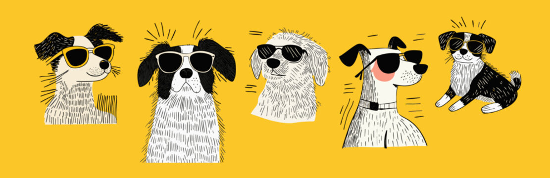 illustration set of cool summer dogs wearing sunglasses