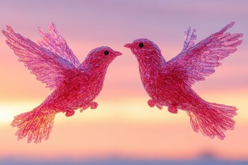 Obraz premium Two Delicate Pink Birds with Transparent Wings Against Sunset Sky