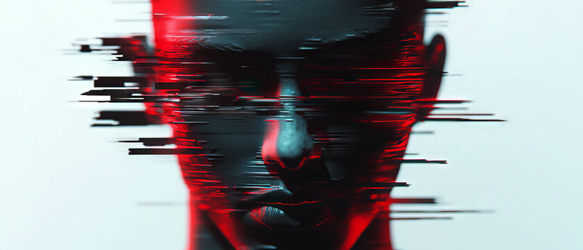 Glitch effect overlay on 3D model creates distorted digital artifact in striking red tones