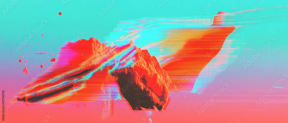 Poster glitch effect overlay on distorted shapes creating vibrant digital artifacts in vivid colors