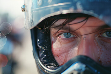 Generative AI illustration of a driver with damaged vehicle on city street caused high speed