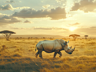 Fototapeta premium A serene scene of a rhinoceros walking slowly across an African savanna