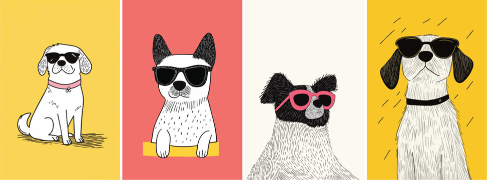 illustration set of cool summer dogs wearing sunglasses
