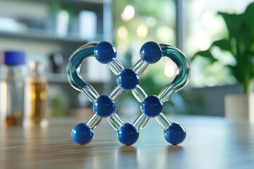 Colorful Molecular Structure Model on a Wooden Table Background