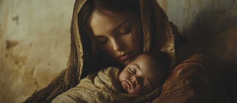 A serene depiction of Mary and baby Jesus in a tender embrace.