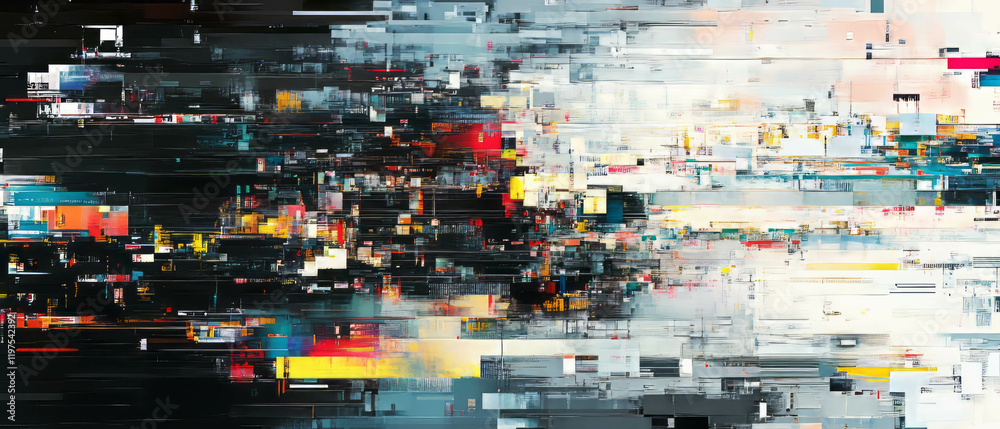 Poster distorted digital data with glitch effect overlay demonstrating data bending and visual chaos