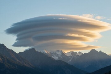 Lenticular cloud formation, mountain range silhouette, dramatic sunset sky, golden hour lighting, majestic landscape, ethereal atmosphere, high contrast, wispy cloud edges, panoramic view.