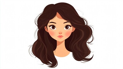 Brunette Girl Cartoon Portrait: Wide Angle Isolated Illustration