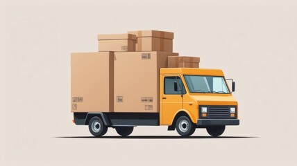 A yellow truck is carrying a lot of boxes