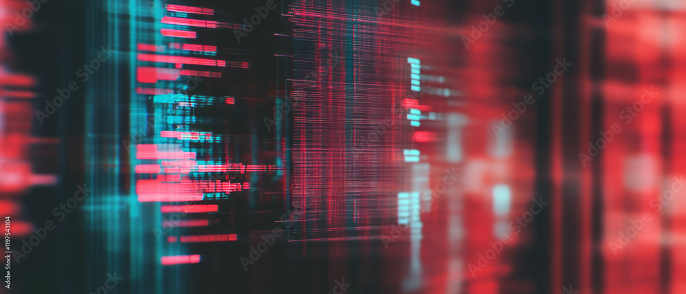 Poster digital glitch art showcasing distorted text and error patterns in vibrant colors