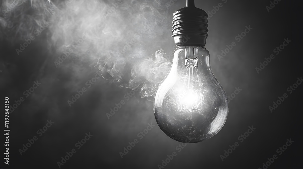 Poster A single glowing light bulb emits soft illumination amidst swirling smoke, creating an intriguing atmosphere of mystery and warmth in a darkened background.