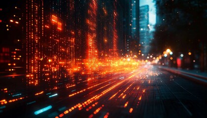 Obraz premium A dynamic composition of arrows in different directions, glowing circuit boards, and silhouettes running on a grid of light, Momentum Matrix