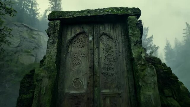 A mysterious wooden, half-rotten door into a dungeon in the middle of a dark, mossy forest. In the heart of the forest, a wooden door promises untold adventures.