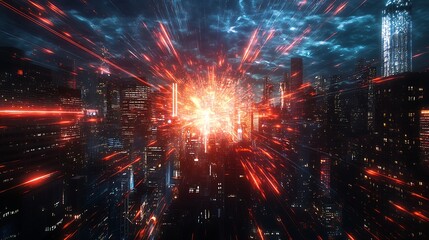  A futuristic cityscape with vibrant red lights and sparks, suggesting a high-tech or battle scenario. The buildings are illuminated with streaks of light, enhancing the sense of motion and intensity.