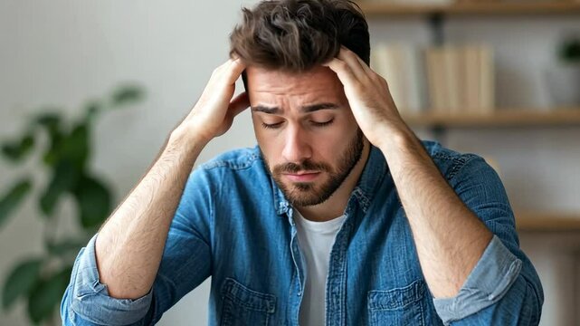 Young man in casual attire sitting at a desk, expressing stress while working from home with books in background