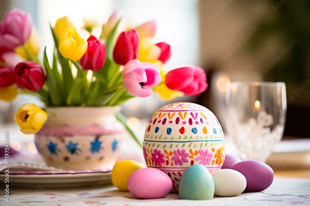 Poster colorful easter egg and tulip arrangement on a festive table setting for spring celebration
