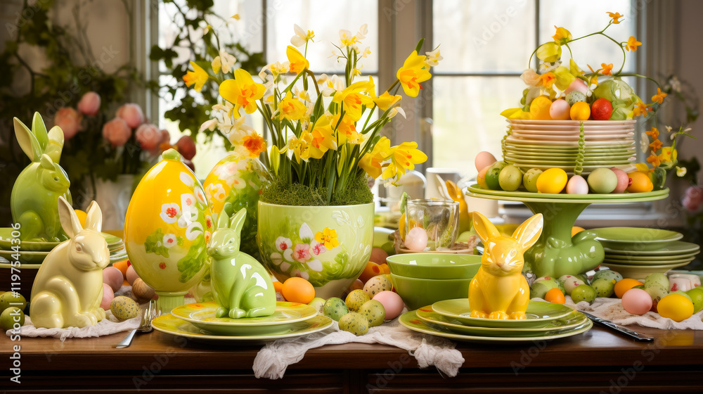Poster festive spring table setting with vibrant decorations and colorful easter-themed ornaments in a cozy