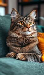 Majestic Tabby Cat: Serene Portrait in Teal