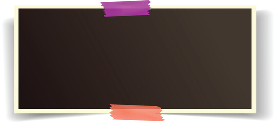 Horizontal instant photo frame featuring two vibrant adhesive tapes securing it against a clean white background, creating a striking and minimalistic visual appeal