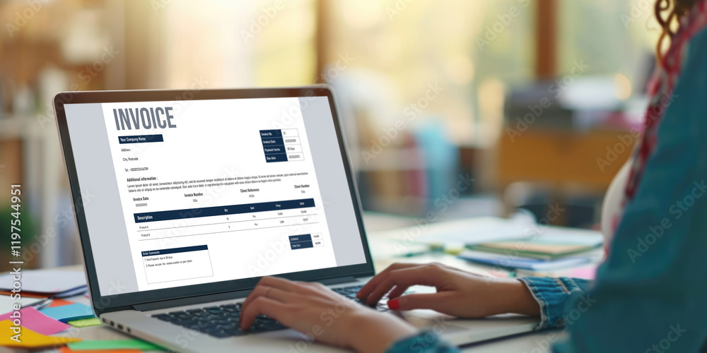 Poster invoice on computer screen from accounting application. computer program for financial and budget of