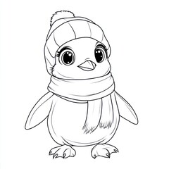 Penguin in hat and scarf standing, for colouring book, with a plain background