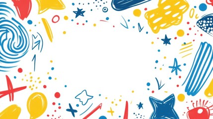 Fototapeta premium Colorful abstract doodle border with stars and shapes on white background