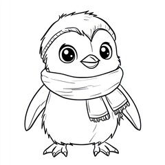 Cute penguin wearing winter scarf, coloring page, winter background, kids activity