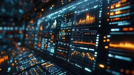 A close-up of a futuristic, glowing digital interface with data graphs and charts.