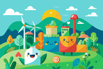 Naklejka premium Cheerful Illustration of Sustainable Living with Reusable Bag, Wind Farm, and Green Countryside