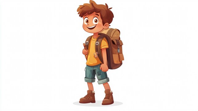 Cheerful young camper with backpack in fun cartoon vector design for outdoor adventure